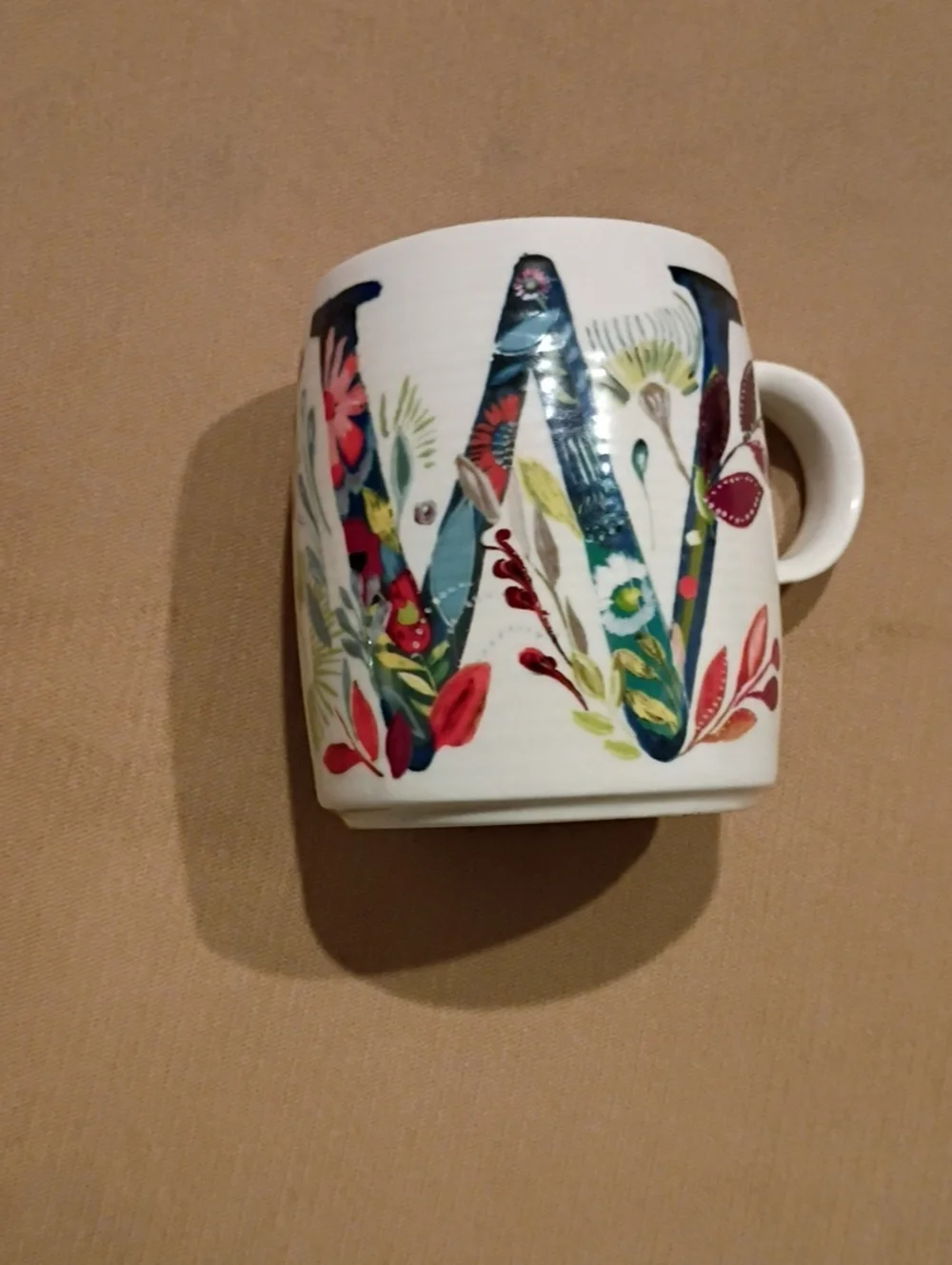 Monogram Ceramic Mug with Colorful Floral 'W' Design - White
